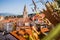 The church and red roofs of Adriatic city of Muggia in the north of Italy