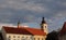 Church rooftop and tower with cloudy sky in Sibiu, Romania