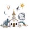 Church, rural landscape watercolor illustration. Nature, forest and wild animals. Sunny day changing night. Faith