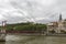 Church of Saint Georges and footbridge, Lyon, France. horizontal view of Lyon and Saone River in France