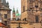 Church of Saint Nicholas in the Lesser Town, in foreground the walls of Mala Strana Bridge Tower, Prague, Czech republic