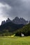 The Church of San Giovanni in Ranui in a summer day, Santa Maddalena, Puez Odle Natural Park, Italy, Europe