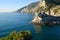 Church of San Pietro in Portovenere near the Cinque Terre. Sea and rocks overhanging the Ligurian sea