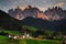 The church Santa Maddalena with the impressive Odle Mountains Group in the background, at sunset.