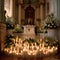 Church service with candles and flowers as symbols of purity and devotion