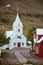 A church in Seydisfjordur cityscape in East Iceland in summer on a cloudy day