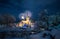 Church in snowy winter landscape with fireworks, celebrating the