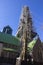 Church spire surrounded by scaffolding