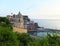 Church spire in Vernazza in the fading light of the day and oncoming dusk. Seen from the path leading from Monterosso