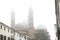 Church of St. Antonio in the city of Padova, Italy. Heavy fog in the city of Padova. Padua. Side view of the Basilica of St