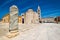 Church of st. Donat, a monumental building from the 9th century with historic roman artefacts in foreground in Zadar