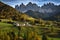 Church of St. Magdalena in front of the Geisler or Odle Dolomites mountain peaks. Val di Funes in South Tyrol. Italy.