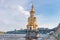 Church of St. Nicholas the Wonderworker on the Water, located on the Dnipro River and Pedestrian park bridge.Kyiv