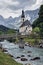 Church of St. Sebastian and mountain landscape in Ramsau, Germany