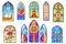 Church stained glass. Stain glasses window of gothic temple or europe cathedral, arc mosaic painted windows with cross