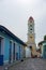 Church steeple on colorific street of Trinidad, Cuba