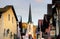 Church steeple rises above main street in Garmisch Germany