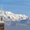 Church steeple and snowy Mount Timpanogos in Utah