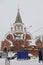 Church of the Theotokos of Pochayiv during the snowing. Saltykovka, Moscow region.