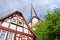 Church and timbered house in the village of Traben-Trarbach - Moselle valley wine region in Germany