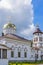 Church to St. Grand Prince Alexander Nevsky in Pudozh after restoration. Orthodox temple and bell tower against blue sky in summer