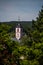 Church tower looks out between the trees