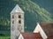 Church tower of St. Johannes in Laas on a sunny evening in summer