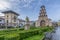 Church tower and statue of Pelayo, first king of Spain, in Cang