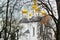 Church in the trees. Church. Old Church in Chernigov. Golden domes. History. Autumn. Winter. Spring