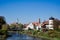 Church and white houses along river Donau, DonauwÃ¶rth, Germany