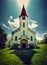 Church Zvonkova. Beautiful mountain forest landscape with church at sunset. Czech landscape Lipno.