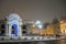 Churches and Historical well fountain Samson and Lion at Kontraktova Square in the Podil district in Kyiv, Ukraine