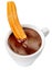 Churros with liquid chocolate. Churro - Fried dough pastry with sugar powder isolated on a white background. Close up