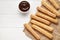 Churros traditional Spain street fast food baked sweet dough snack with chocolate