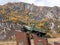 Chuysky tract, Altai Republic, Russia - 15 October 2020: Autumn view of the Altai mountains and the monument to driver Kolka