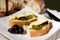 Ciabatta, pesto with cheese and olives