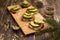 Ciabatta toasts, bruschetta with chopped avocado, olive oil, and seeds of sesame and sesame. Healthy vegetarian breakfast on