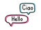 Ciao hello. Handwritten lettering illustration. Black vector text in blue and yellow neon speech bubbles.