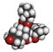 Ciclesonide glucocorticoid drug molecule. 3D rendering. Atoms are represented as spheres with conventional color coding: hydrogen