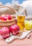 Cider - alcohol hot apple drink and apples on wooden table