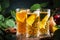 Cider glasses: apple, pear and orange drinks. Fermented low alcohol fruit cocktail on old wooden table background with leaves