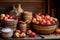 cider making ingredients: apples, cinnamon, and sugar on table