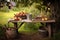 cider making tools, apples, and outdoor picnic table setting