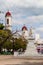 CIENFUEGOS, CUBA - FEBRUARY 10, 2016: Jose Marti statue at Parque Jose Marti square in Cienfuegos, Cuba. Catedral de la