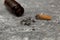 Cigarette butt and brown bottle extinguished ashes