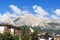 Cima Tofana mountain panorama view with houses in Cortina d`Ampezzo, Italy