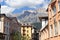 Cima Tofana mountain panorama view with houses in Cortina dAmpezzo, Italy