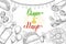 Cinco de Mayo Festive background with  hand drawn symbols - chili pepper, maracas, sombrero, nachos, tacos, burritos, tequila,