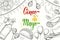 Cinco de Mayo Festive background with  hand drawn symbols - chili pepper, maracas, sombrero, nachos, tacos, burritos, tequila,