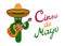 Cinco de Mayo Greeting card. Ð¡artoon cactus with mustache in sombrero playing guitar